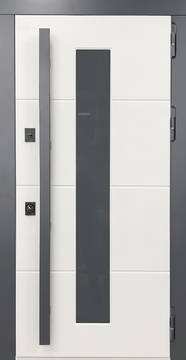 Металлическая остекленная термодверь с бугельной ручкой, серыми наличниками и белыми плитами МДФ RAL Металлическая остекленная термодверь с бугельной ручкой, серыми наличниками и белыми плитами МДФ RAL
