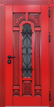Входная уличная термодверь с решеткой, стеклом и фрезерованными панелями МДФ красного цвета Входная уличная термодверь с решеткой, стеклом и фрезерованными панелями МДФ красного цвета